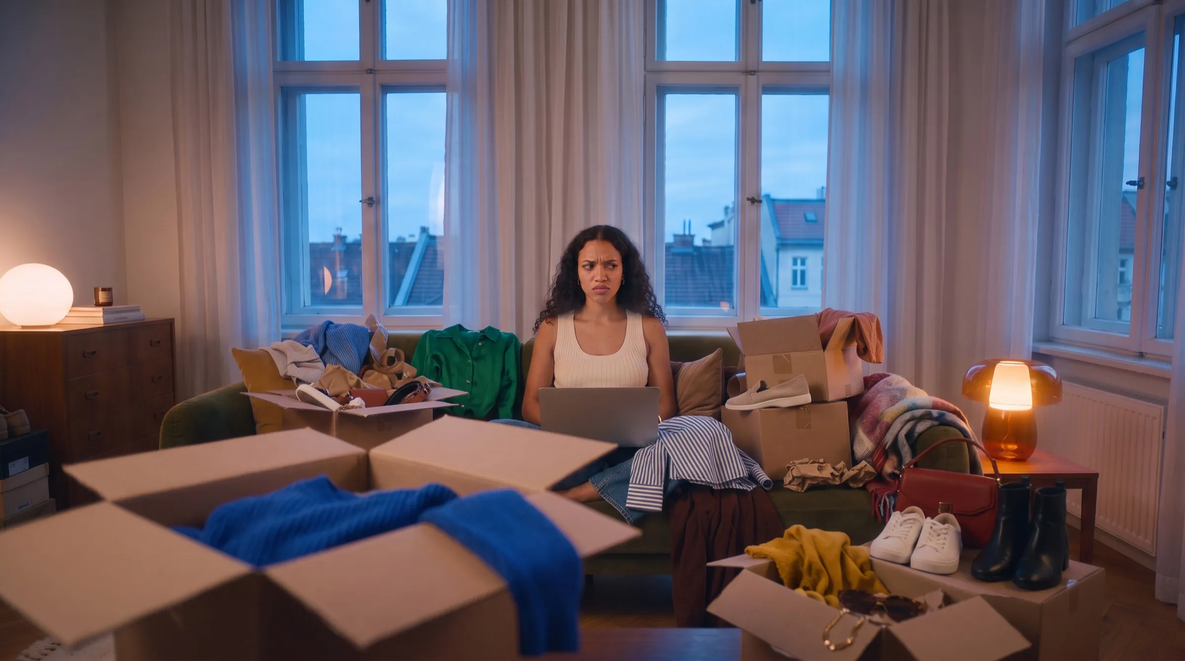 KI-Werbespot ABOUT YOU x Google: Wohnzimmer voller offener Pakete, System Overload